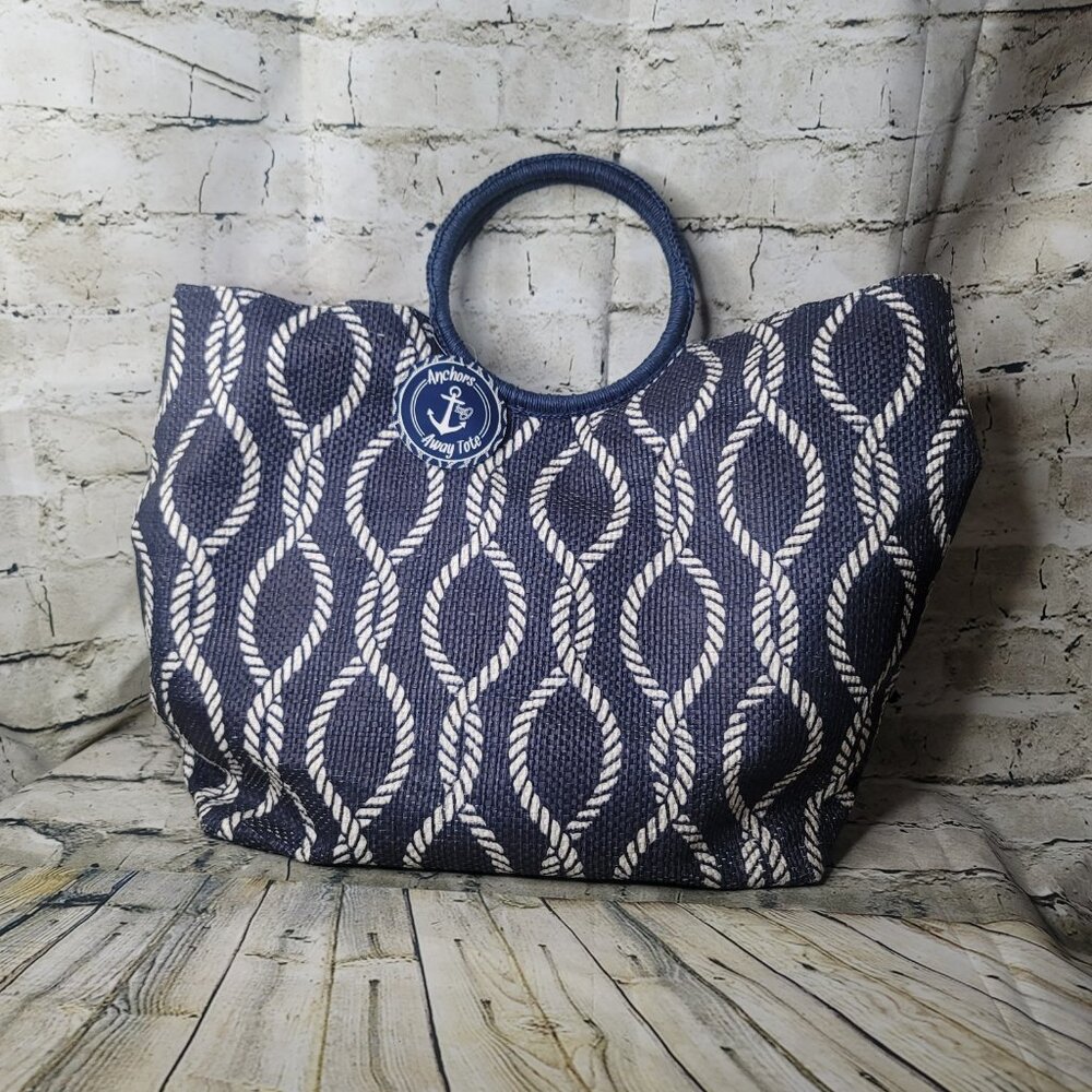 Anchors Away Blue White Woven  Nautical Beach  Cruise Snap Close Tote Bag